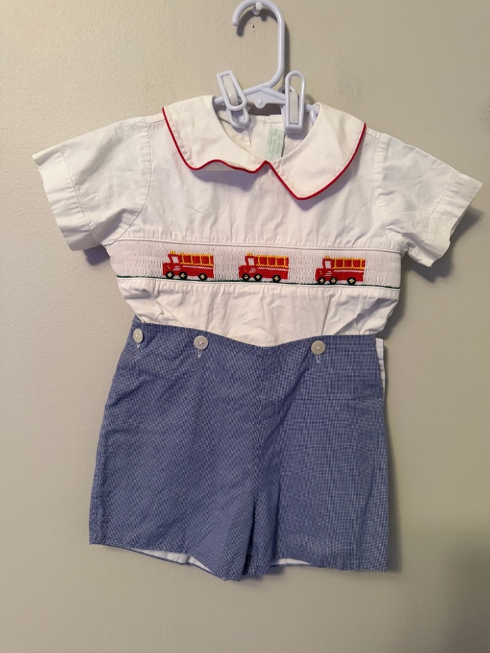 Vive La Fete Smocked Firetruck Top with Button in Shorts